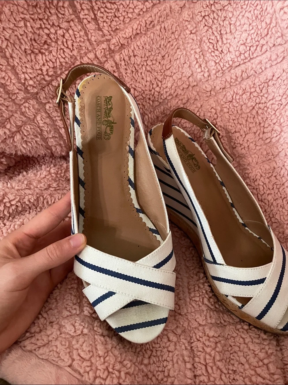 Coach and Four Navy & White Striped Slingback Wedge Sandals